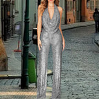 Glittering V-Neck Jumpsuit with Wide Legs