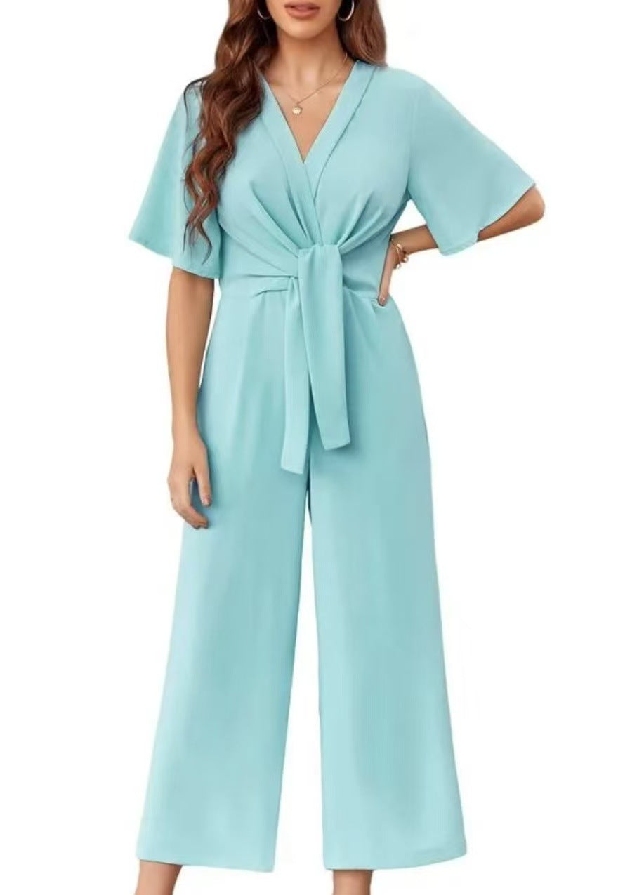 Women's Elegant Wrap Jumpsuit with Wide Legs and Waist Belt