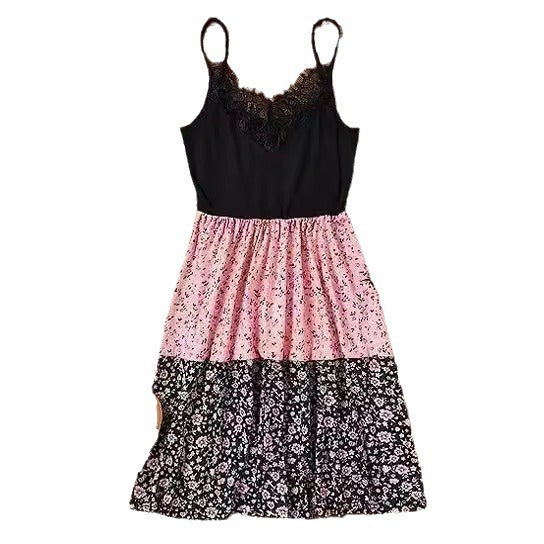 Women's Floral Dress with Lace Bodice and Tiered Skirt