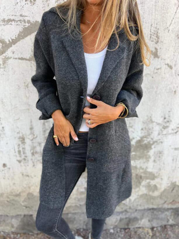 Women's Elegant Wool Jacket with Full Button Placket and Spacious Pockets