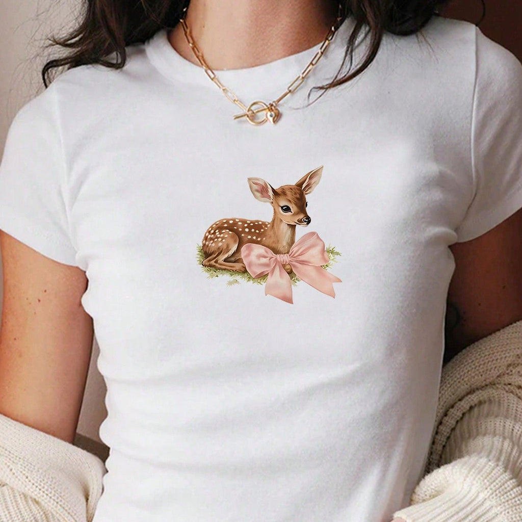 Women's Crop T-Shirt with Charming Deer Motif and Delicate Bow Detail