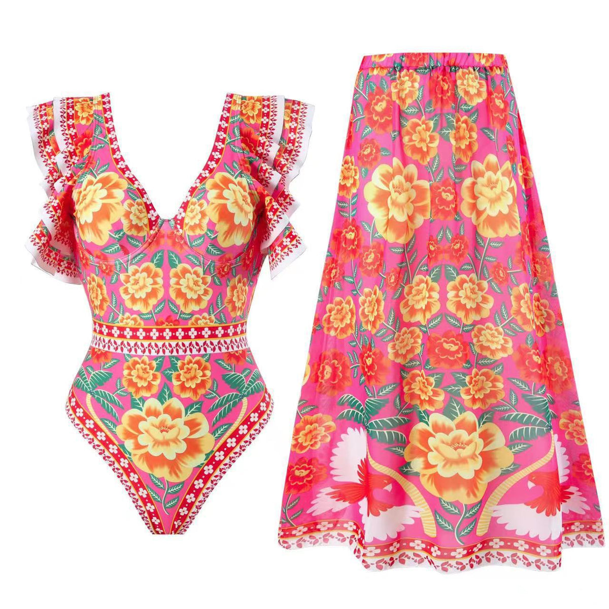Women's Swimsuit with Fashionable Ruffle Details and Floral Wrap Skirt
