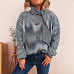 Striped Cardigan with Modern Collar and Button Closure