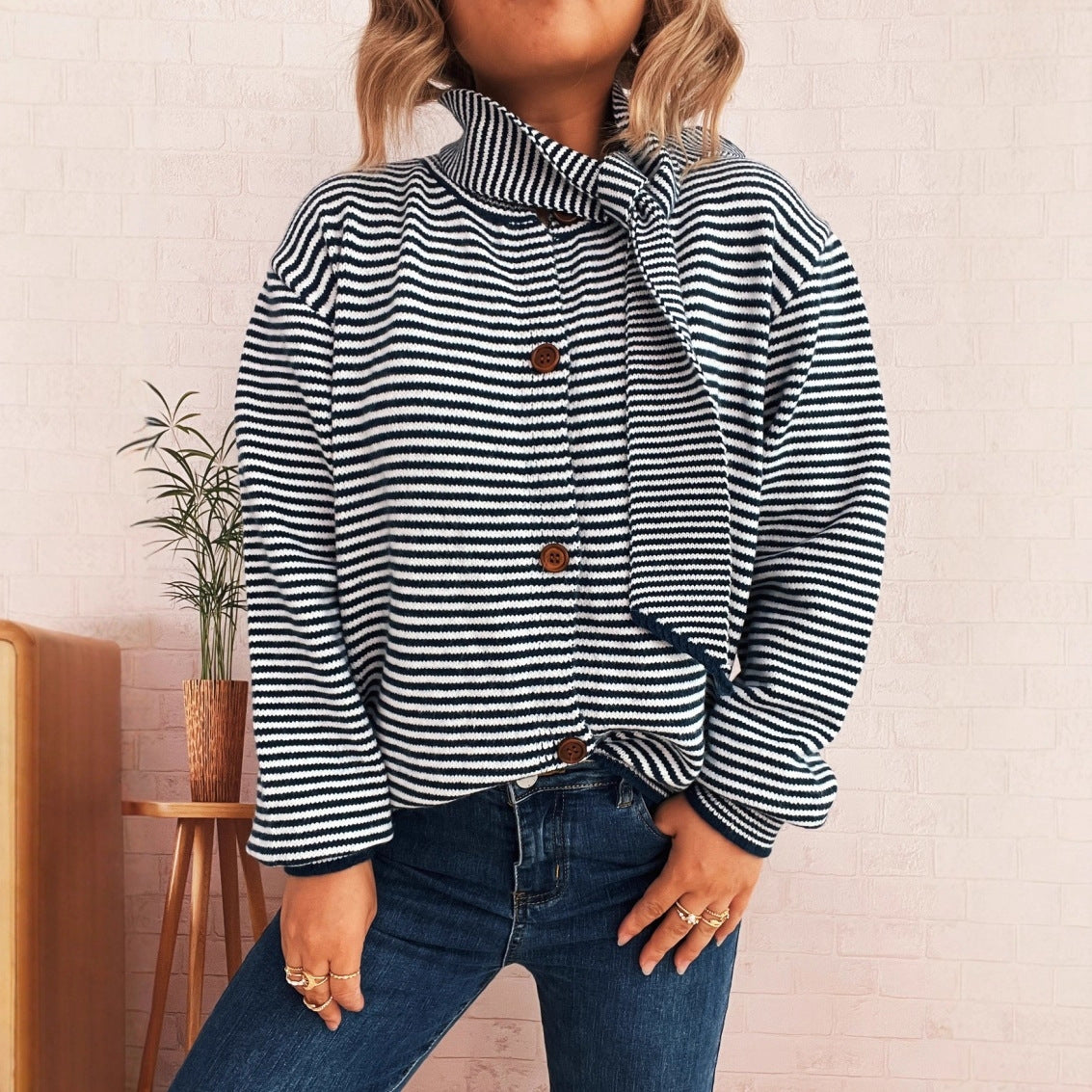 Striped Cardigan with Modern Collar and Button Closure