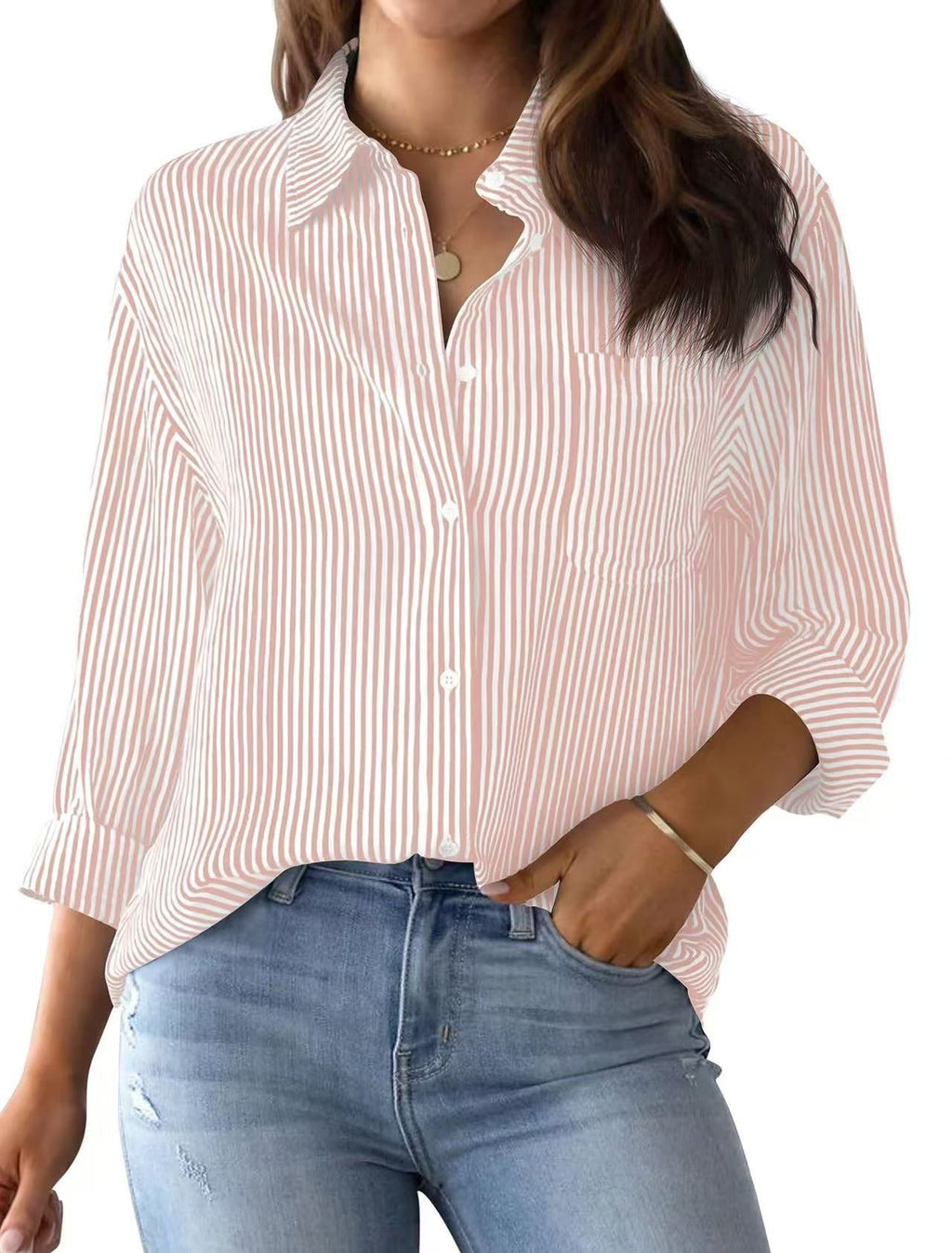 Women's Loose Striped Shirt with Chest Pocket and Roll-Up Sleeves
