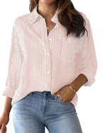 Women's Loose Striped Shirt with Chest Pocket and Roll-Up Sleeves