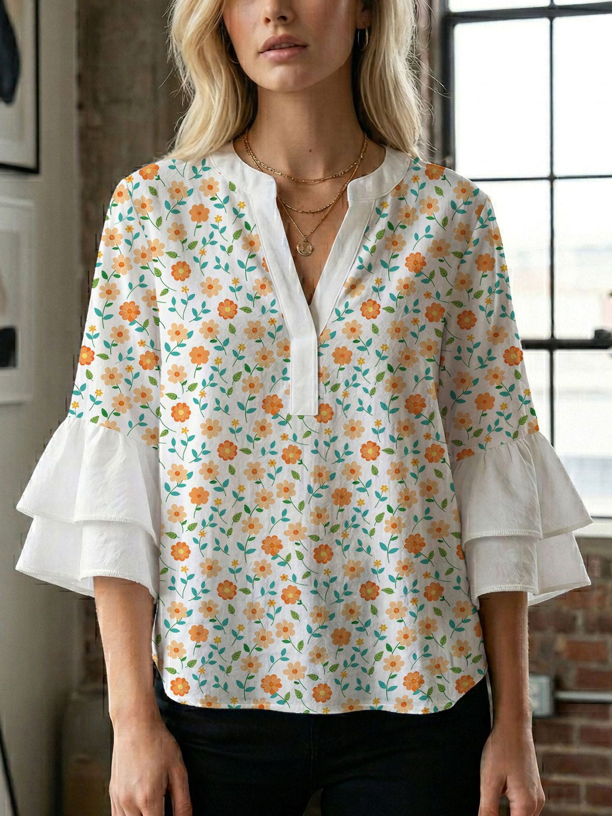 Women's Blouse Shirt with Voluminous Sleeves and Creative Print Design