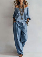 Women's Casual Lightweight Lounge Set with Off-the-Shoulder Neckline and Palazzo Pants