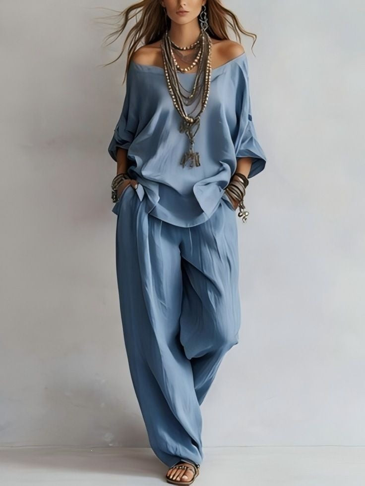 Women's Casual Lightweight Lounge Set with Off-the-Shoulder Neckline and Palazzo Pants