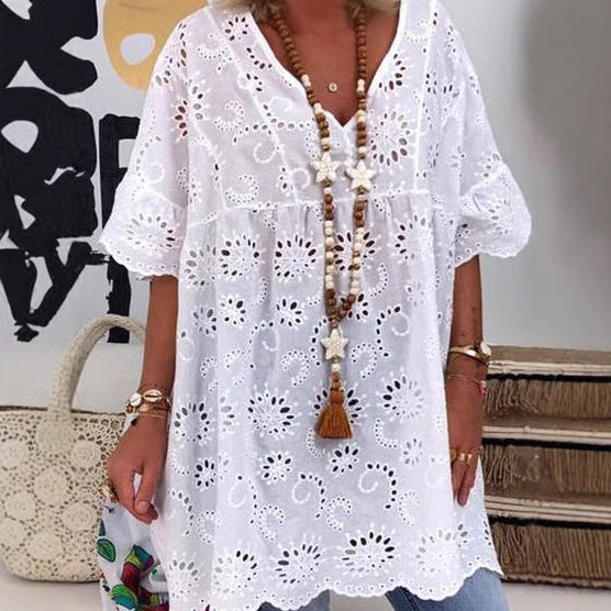 Women's Blouse with Floral Embroidery and Wide Sleeves