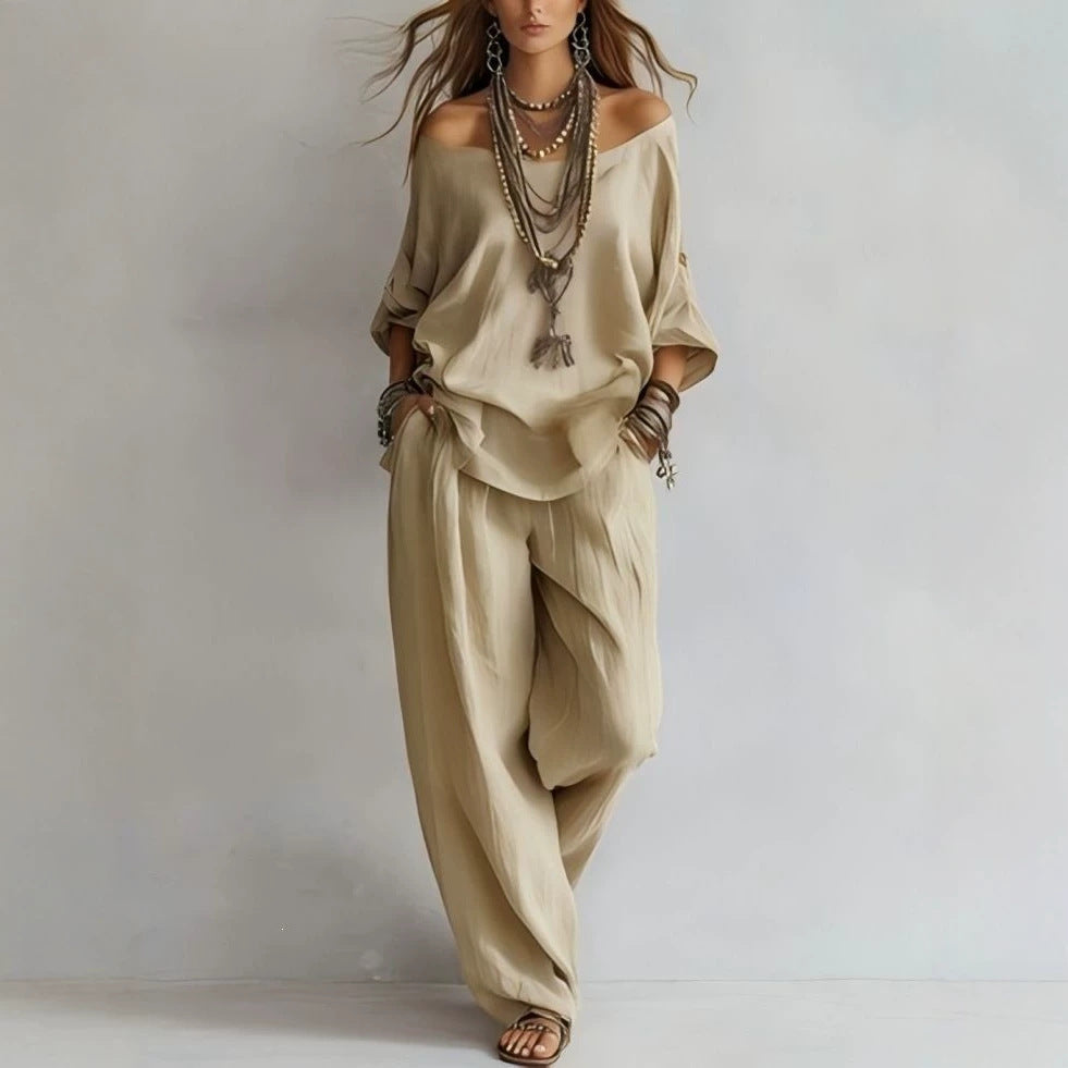 Women's Casual Lightweight Lounge Set with Off-the-Shoulder Neckline and Palazzo Pants