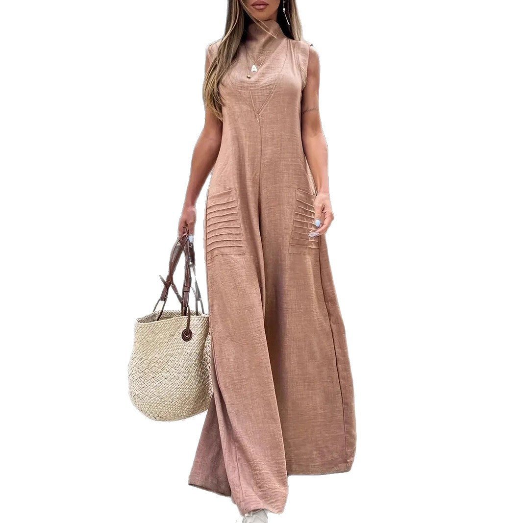 Women's Airy Maxi Jumpsuit with Decorative Pleats and Side Pockets
