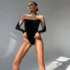 Women's Bodysuit with Transparent Sleeves and Chic Bustier Design