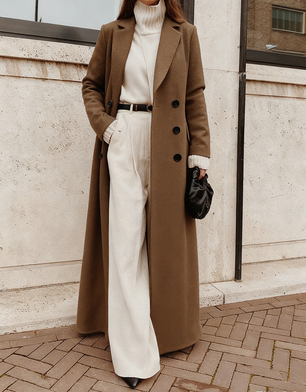 Elegant Women's Double-Breasted Coat with Deep Pockets