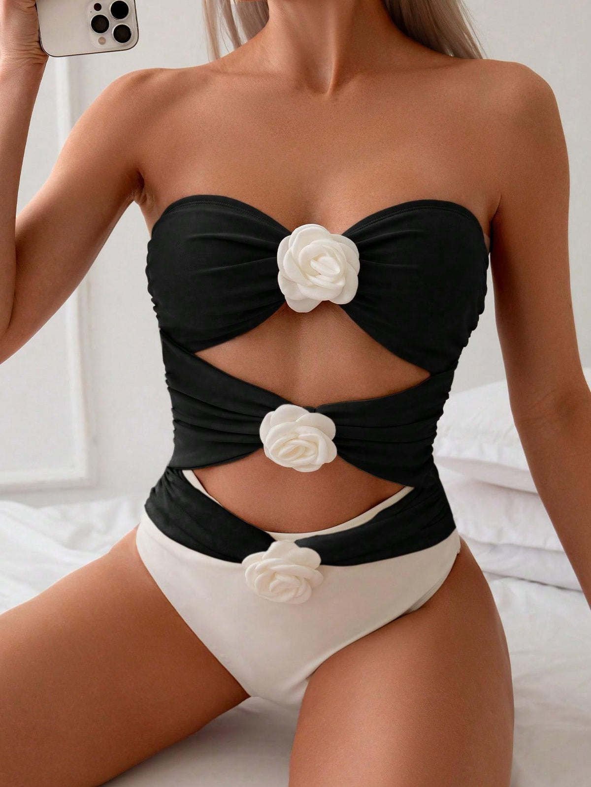 Women's Bandeau Swimsuit with Elegant Ruffles and Floral Accents