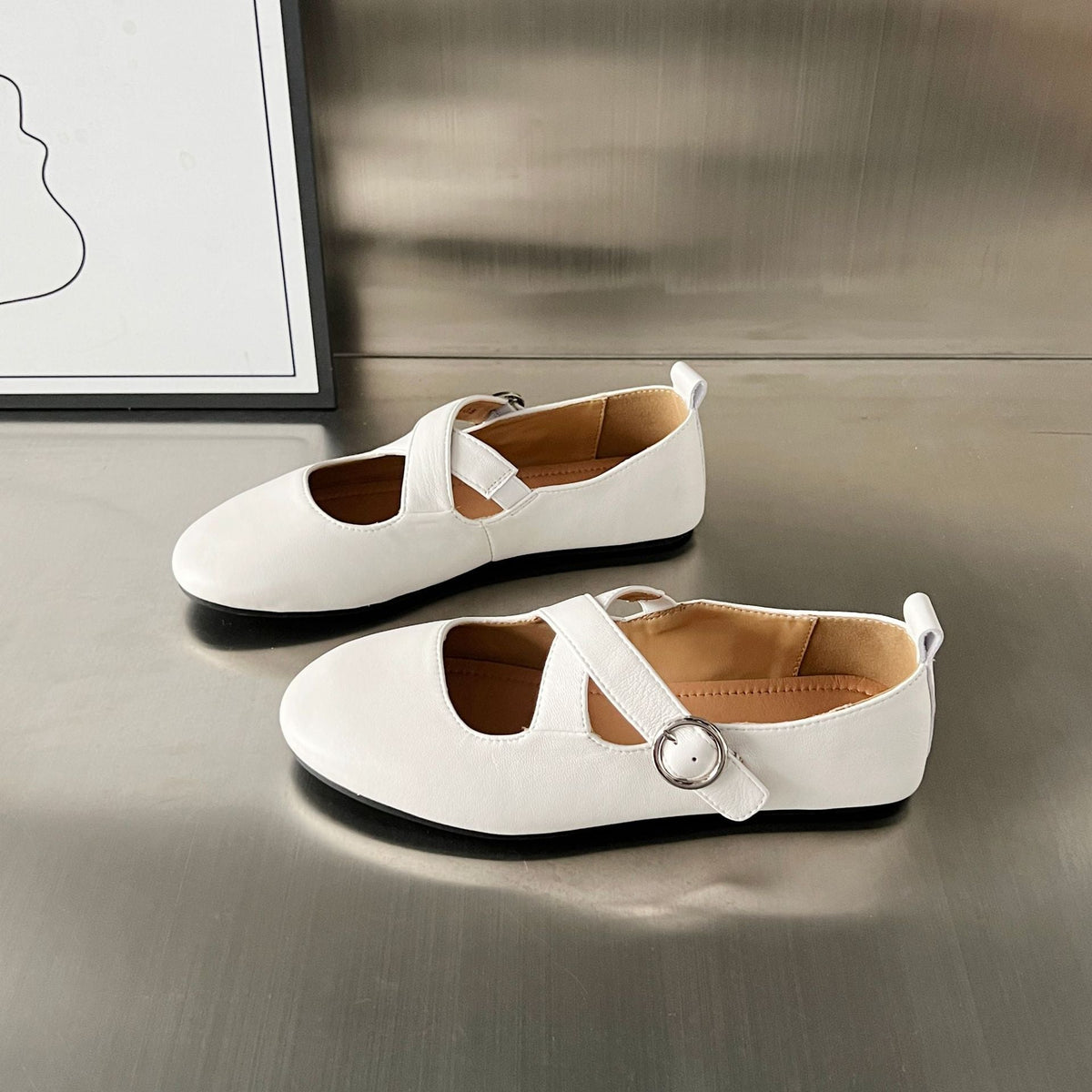 Women's Ballet Flats with Elegant Cross Strap and Fashionable Buckle