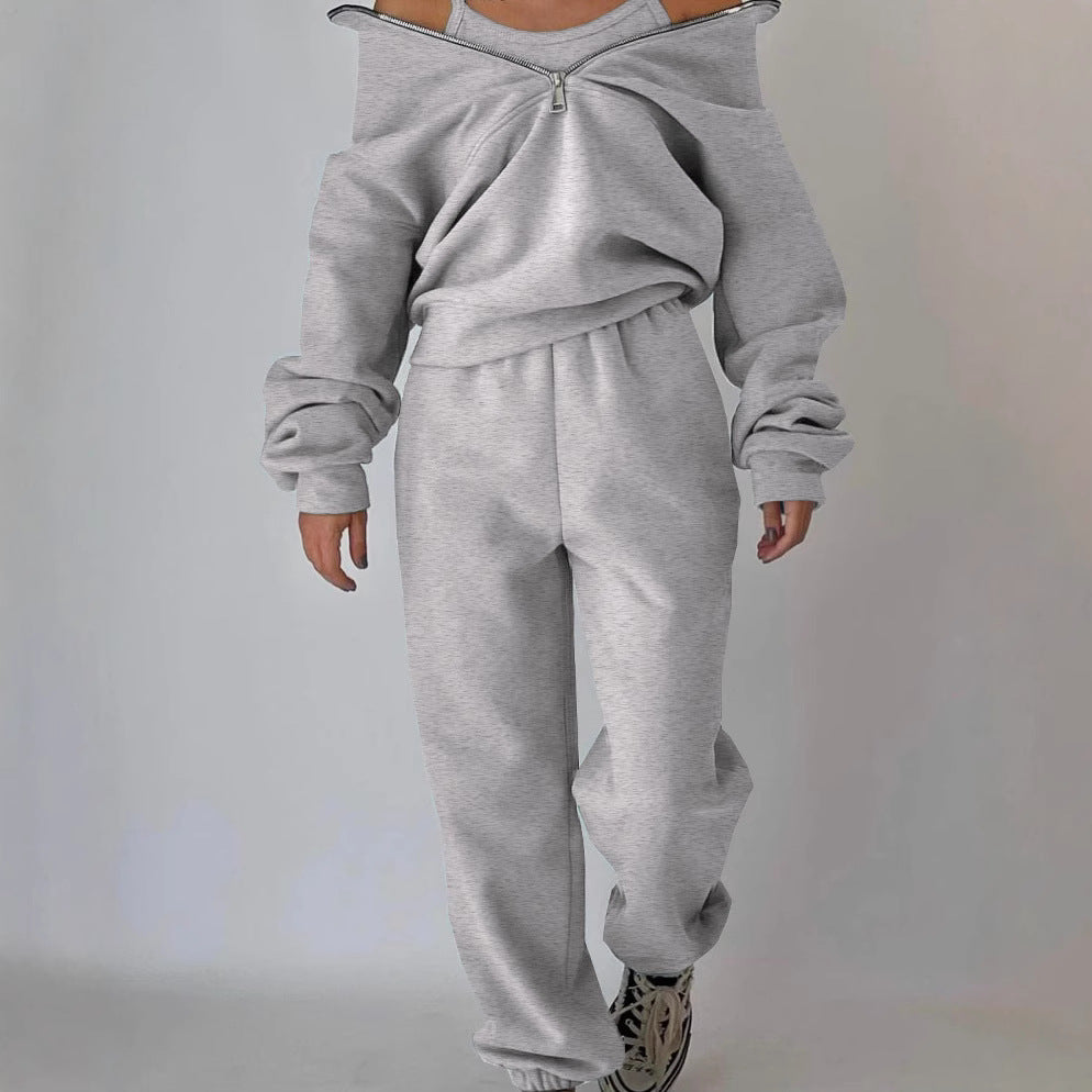 Women's Casual Oversized Hoodie and Jogger Set with Practical Zipper