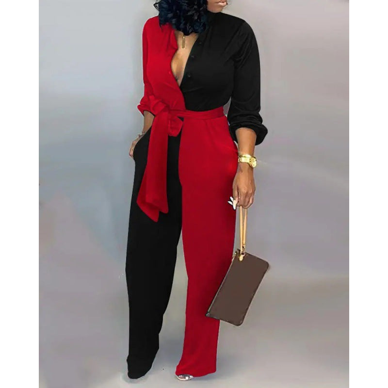 Women's Denim Jumpsuit with Fashionable Patchwork Design and Practical Pockets