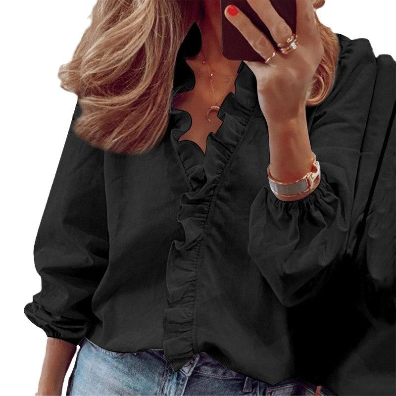 Women's Blouse with Ruffle Details and Stand-up Collar