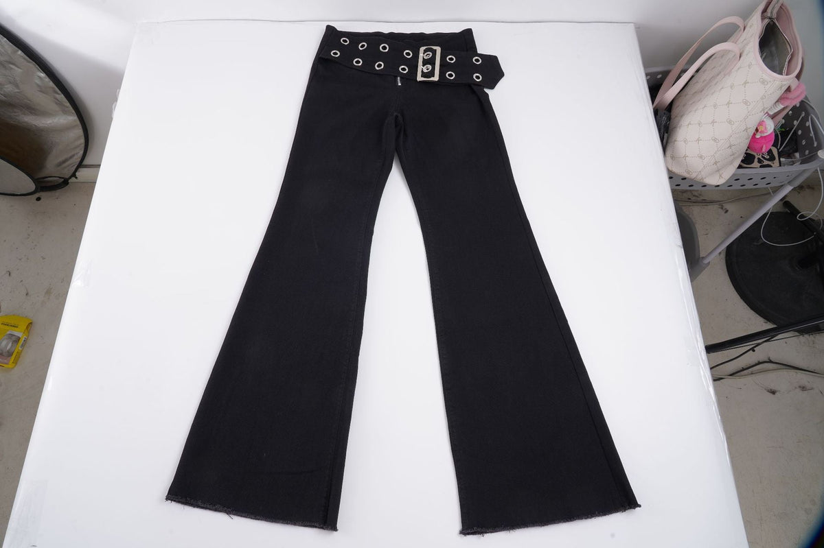 Women's Flared Jeans with Adjustable Belt and Cut-Out Design