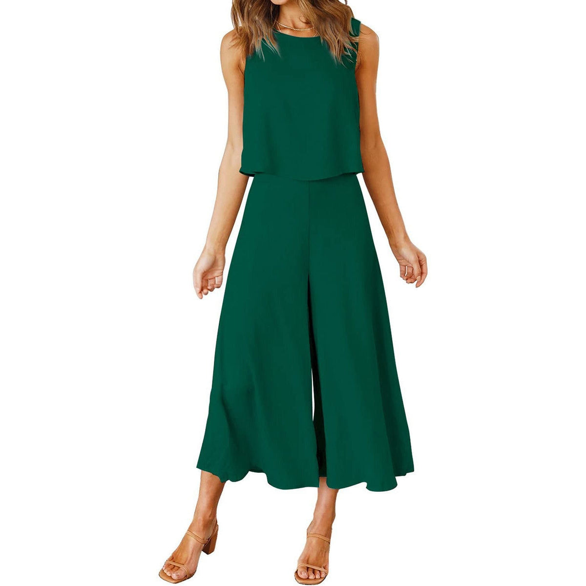 Women's Airy Two-Piece Set with Sleeveless Top and Flowy Wide-Leg Pants
