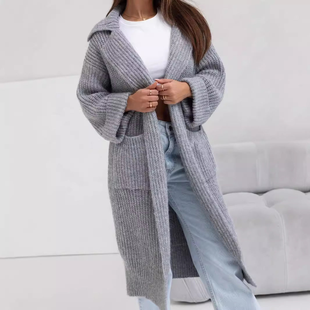 Women's Long Knit Coat with Hood and Pockets