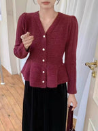 Elegant Knit Cardigan with Textured Design and Puff Sleeves