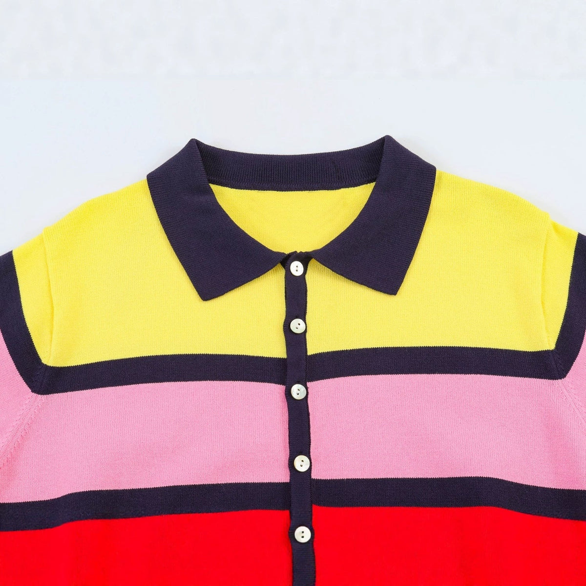 Women's Short-Sleeve Polo Shirt with Colorful Striped Pattern