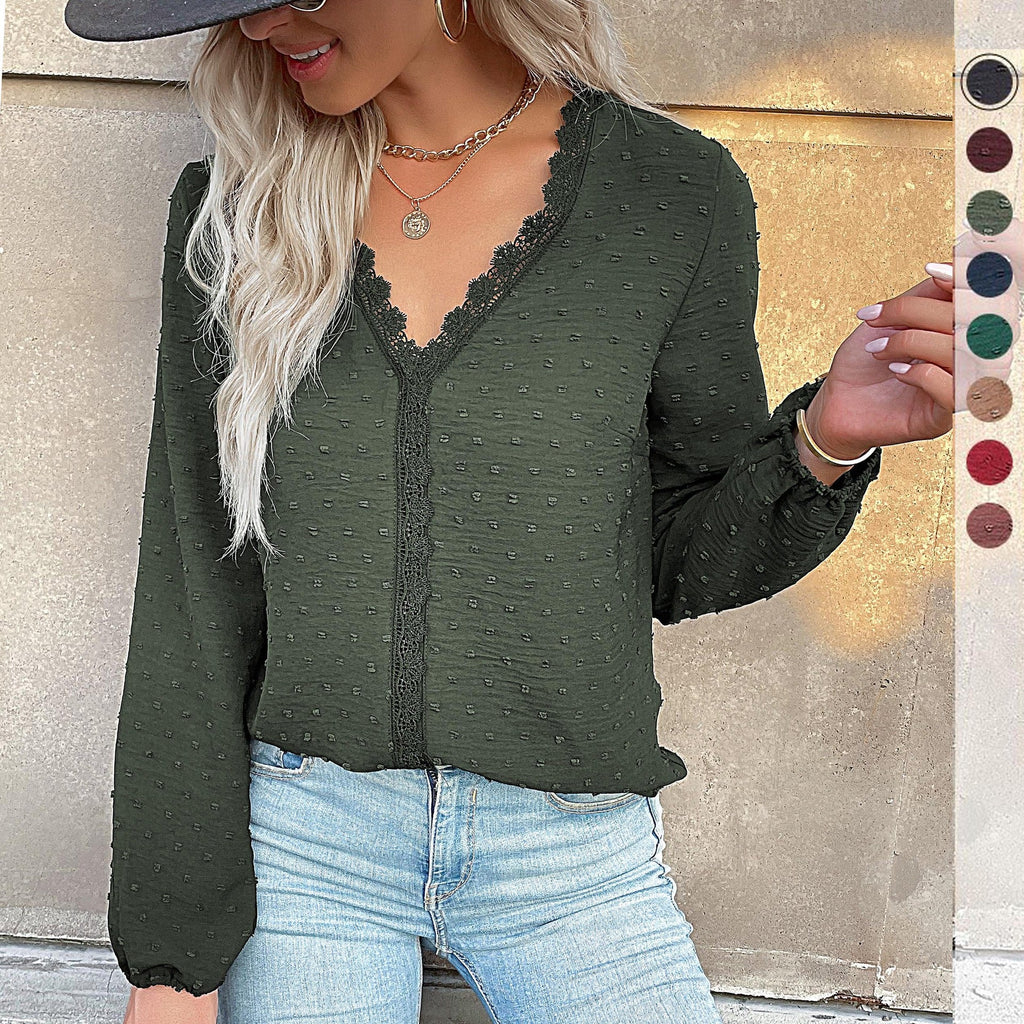 Women's Blouse with Fine Texture Details and Romantic Lace Insert