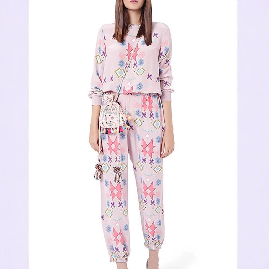 Women's Leisure Suit with Modern Graphic Pattern and Elastic Waist
