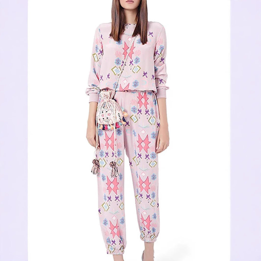 Women's Leisure Suit with Modern Graphic Pattern and Elastic Waist