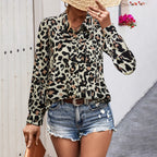 Elegant Women's Blouse with Modern Graphic Pattern and Deep Round Neckline