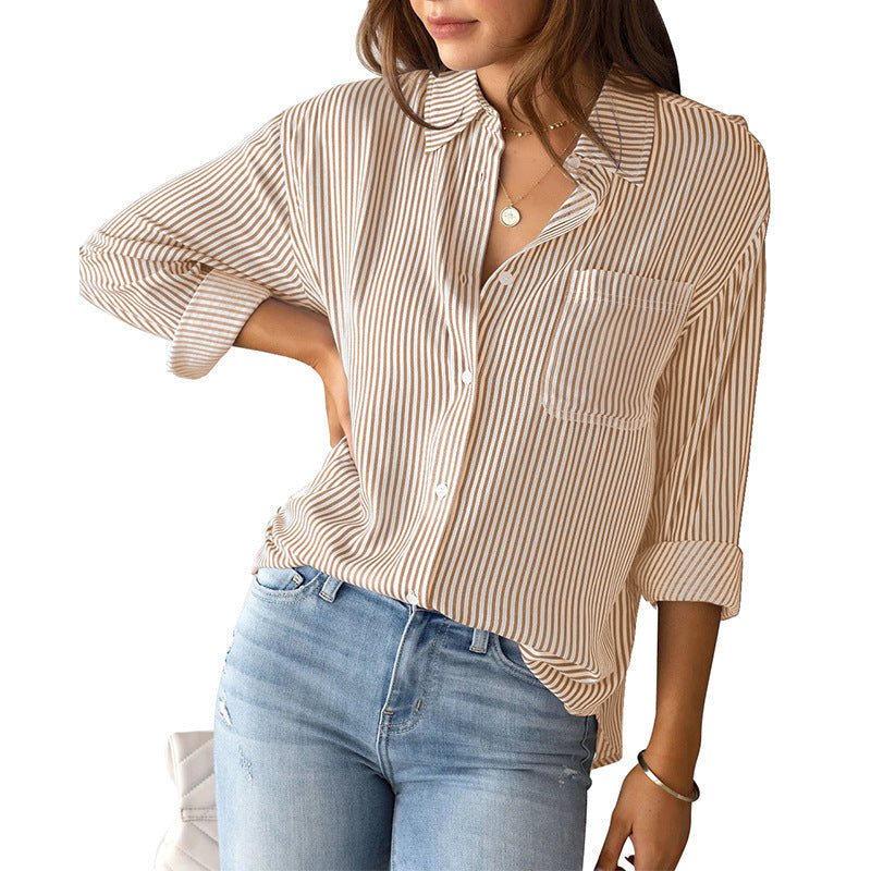 Casual Striped Shirt Blouse with Chest Pocket