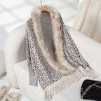 Women's Elegant Knit Poncho with Faux Fur Collar and Fringed Hem