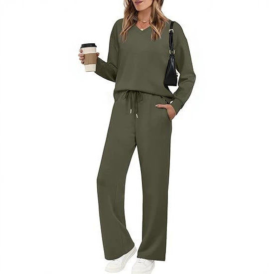 Women's Casual Lounge Set with V-Neck Sweatshirt and Loose Drawstring Pants