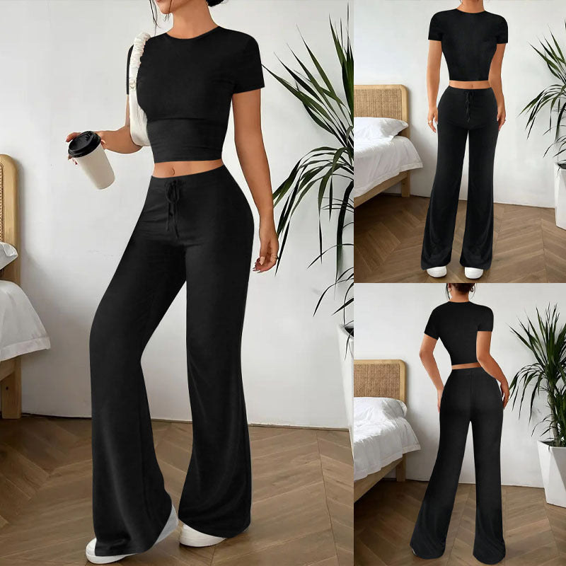 Women's Casual Lounge Set with Crop Top and Wide-Leg Pants
