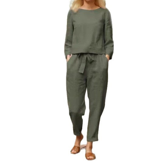 Women's Casual Linen Loungewear Set with Round Neck and Tie Belt