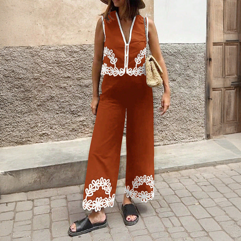 Women's Casual Two-Piece Summer Ensemble with Floral Crochet Trim