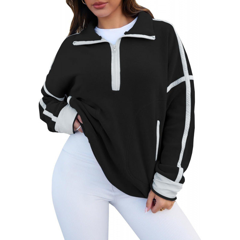 Women's Fleece Pullover with Half Zipper and Contrasting Sleeves