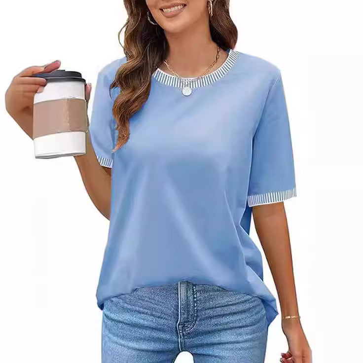 Casual Short-Sleeve Shirt with Striped Collar