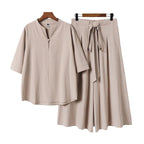 Women's Casual Linen-Viscose Lounge Set with Stand Collar Top and Wide Palazzo Pants