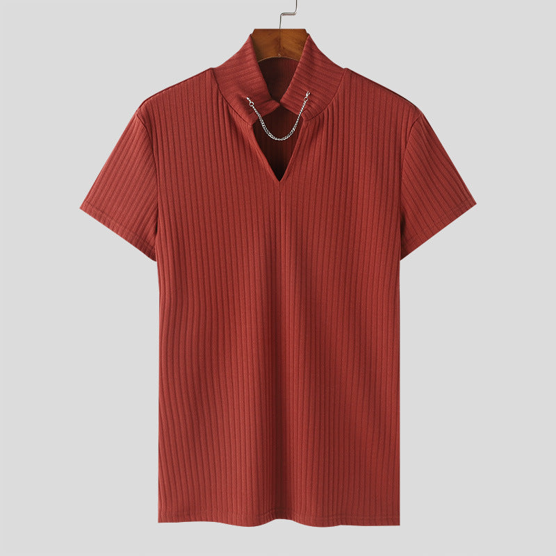 Women's Short-Sleeve Shirt with V-Neck and Textured Ribbed Pattern