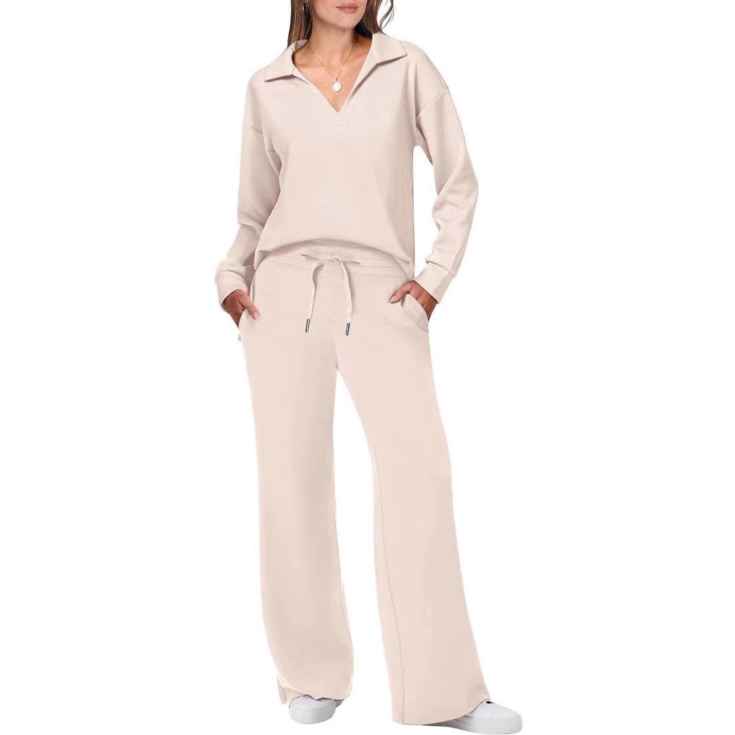 Women's Casual Lounge Set with Wide Cut and Cozy V-Neck