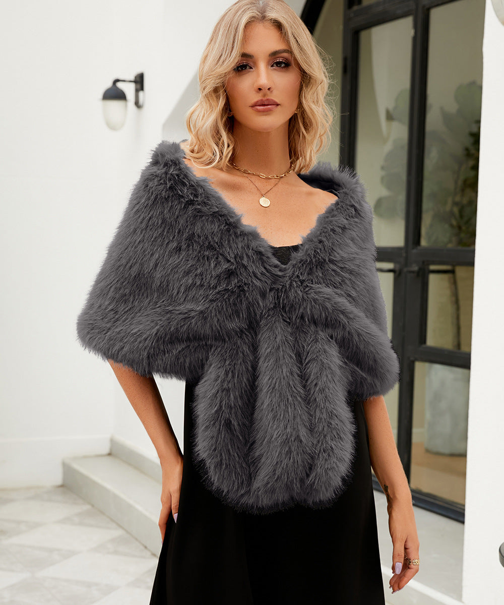 Women's Luxurious Faux Fur Cape with Fluffy Collar
