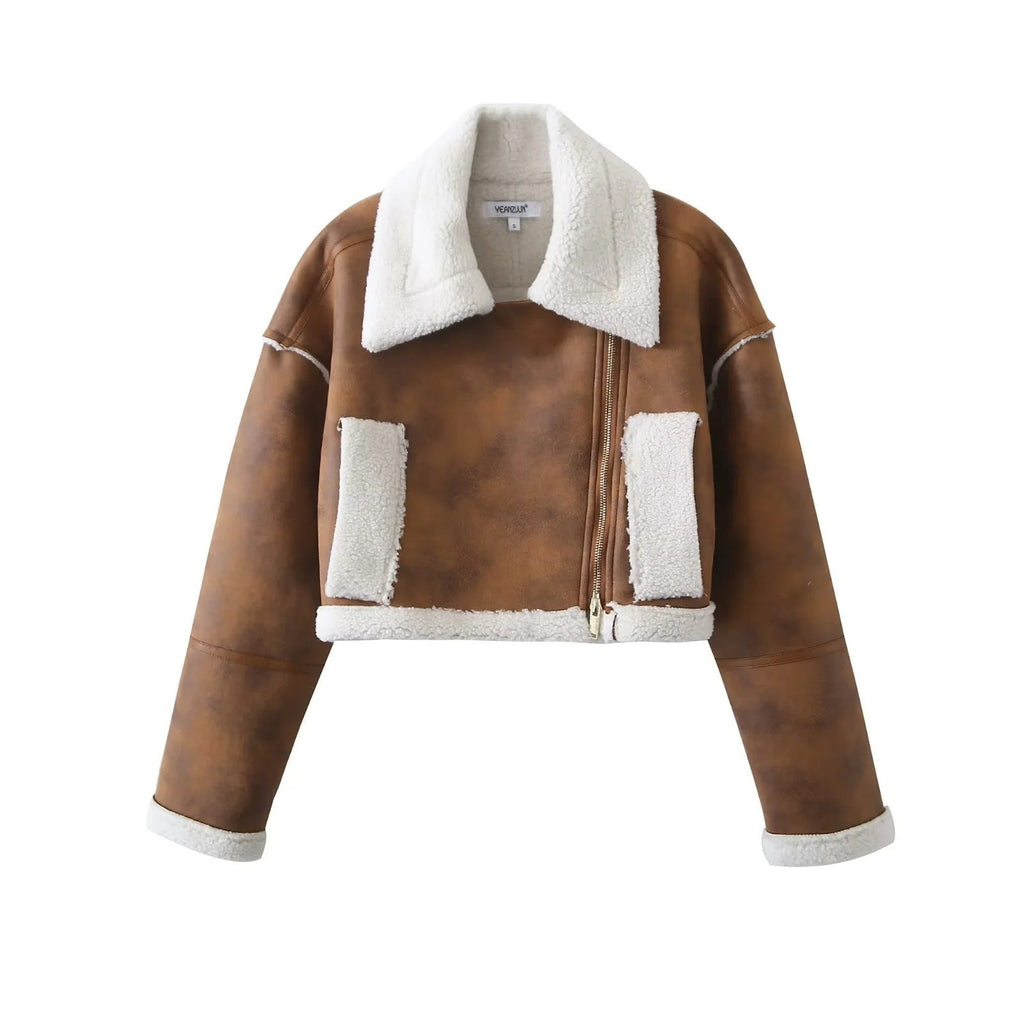 Women's Cropped Faux Leather Jacket with Cozy Teddy Lining and Practical Pockets