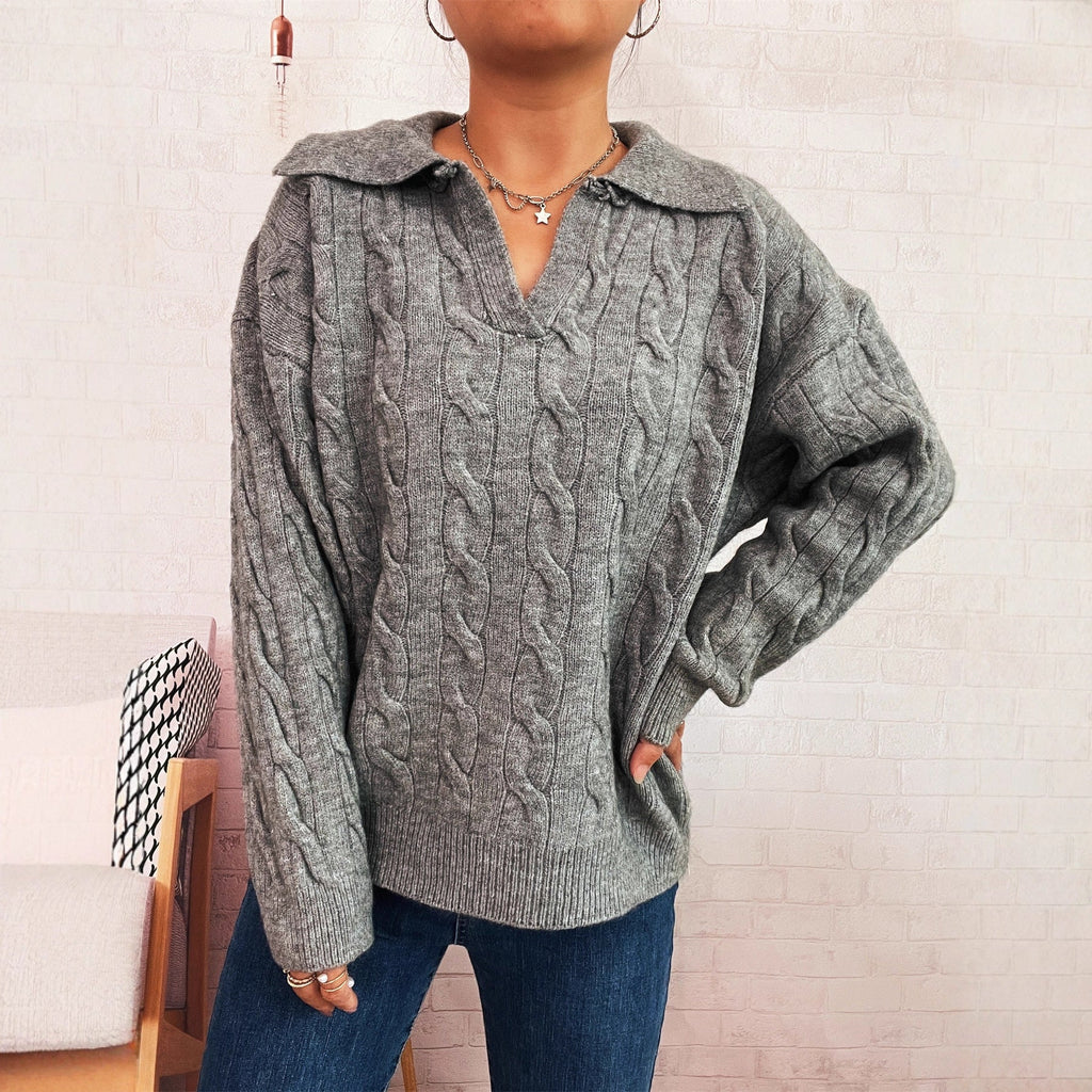 Women's Chunky Knit Sweater with Colorful Cable Design and Classic Collar