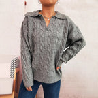 Women's Chunky Knit Sweater with Colorful Cable Design and Classic Collar