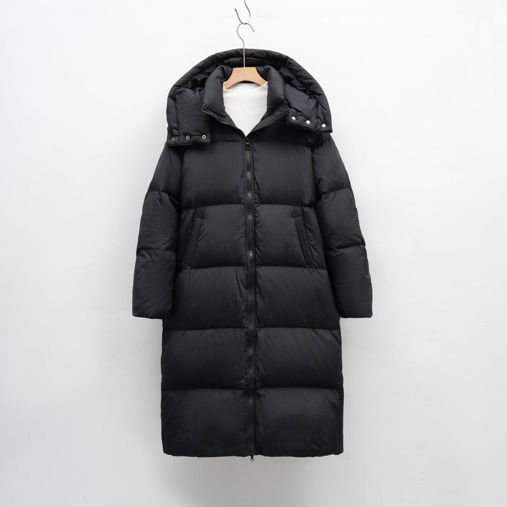 Women's Long Voluminous Down Coat with Detachable Hood and Side Pockets