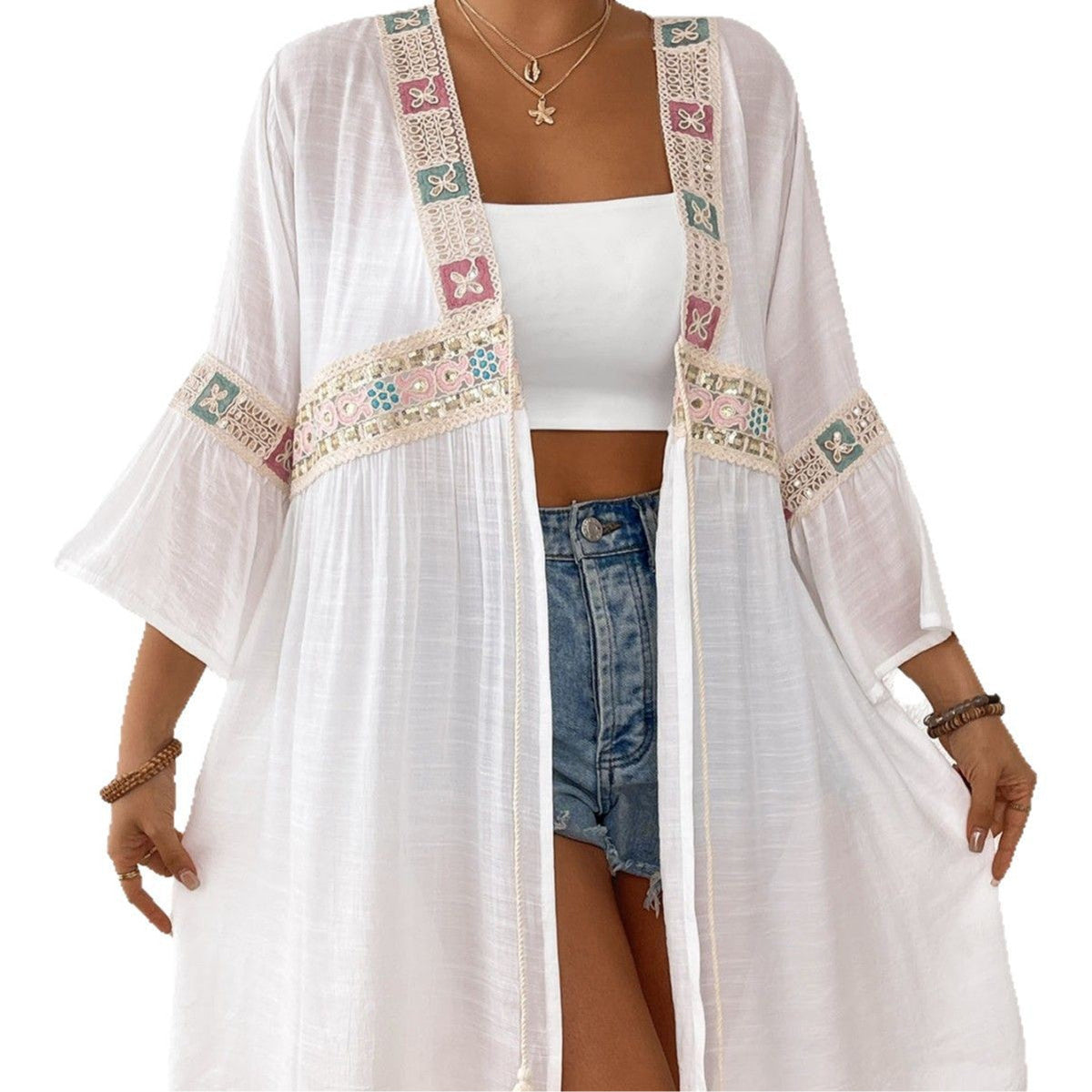 Women's Airy Beach Kimono with Floral Embroidery