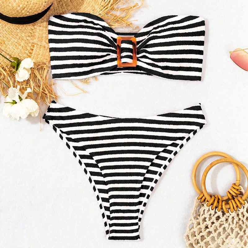 Women's Bandeau Bikini with Fashionable Ring Detail and High-Cut Legs